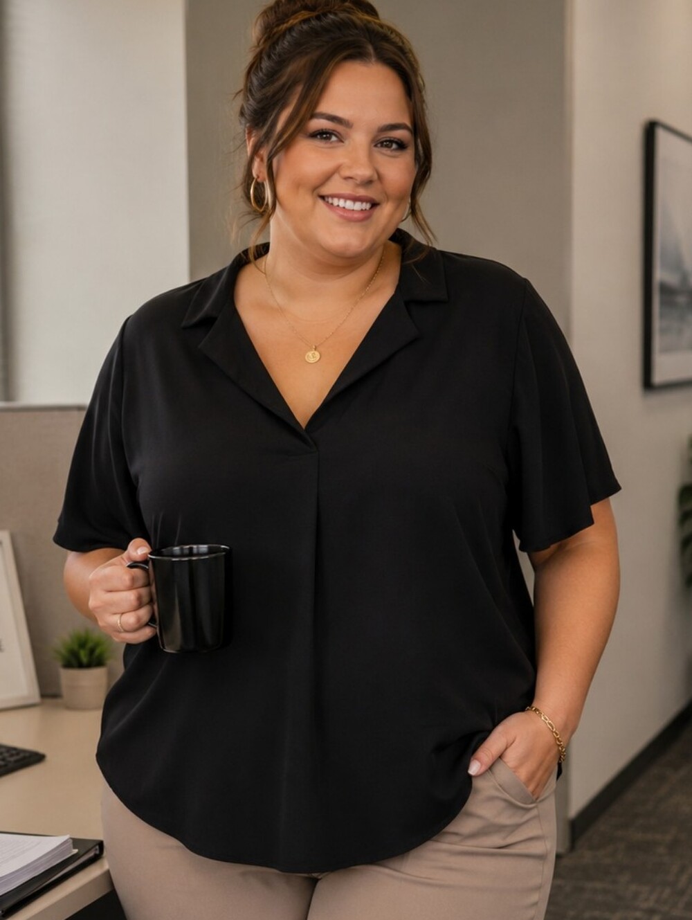 Hilary Radley Black V Neck Collared Blouse. In EUC